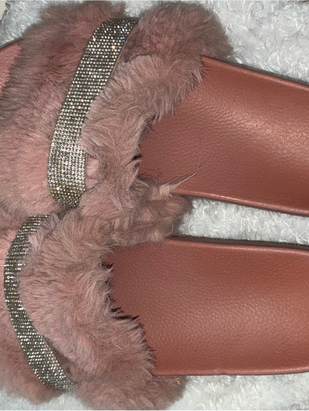 Women's Pink Faux-Fur Slide Sandals with Rhinestone Strap